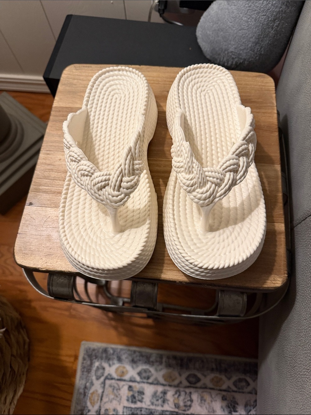Braided Rope Platform Flip Flop Sandals - Cream